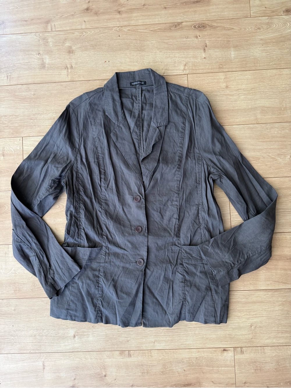 Eileen Fisher Gray Linen Tencel Blend Blazer Jacket 3 Button Pockets